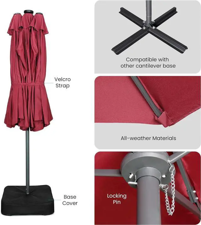 Alt view image 4 of 7 - Home Zone Living 15x9 Ft Double Head Patio Umbrella with Base, 36 LED Lights, Sand Bags, UV Resistant & Waterproof, 213 LBS Total Weight, Burgundy Red