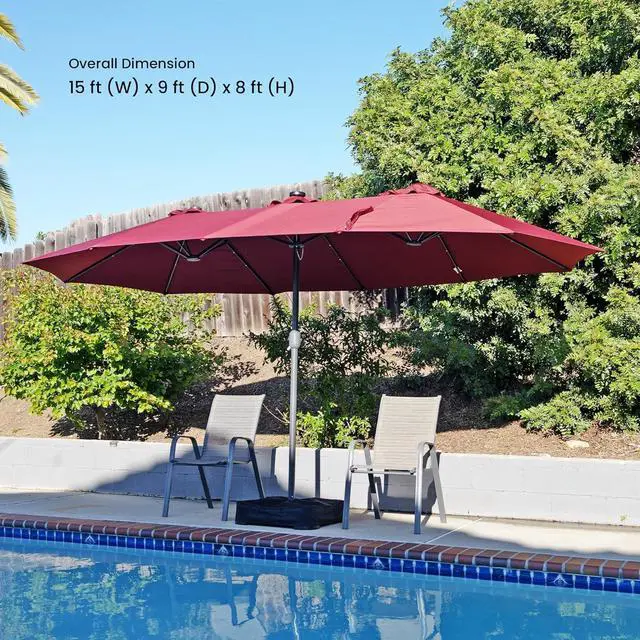 Alt view image 2 of 7 - Home Zone Living 15x9 Ft Double Head Patio Umbrella with Base, 36 LED Lights, Sand Bags, UV Resistant & Waterproof, 213 LBS Total Weight, Burgundy Red