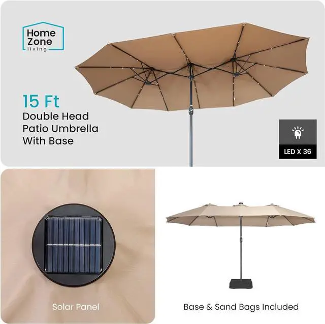 Alt view image 4 of 7 - Home Zone Living 15x9 Ft Double Head Patio Umbrella with Base, 36 LED Lights, Sand Bags, UV Resistant & Waterproof, 213 LBS Total Weight, Beige Tan