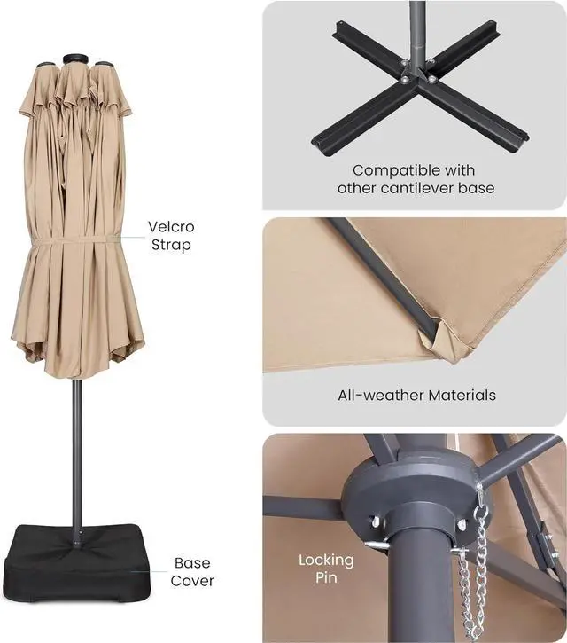 Alt view image 3 of 7 - Home Zone Living 15x9 Ft Double Head Patio Umbrella with Base, 36 LED Lights, Sand Bags, UV Resistant & Waterproof, 213 LBS Total Weight, Beige Tan
