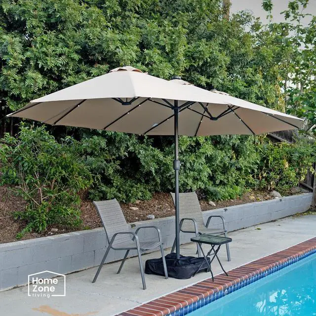 Alt view image 7 of 7 - Home Zone Living 15x9 Ft Double Head Patio Umbrella with Base, 36 LED Lights, Sand Bags, UV Resistant & Waterproof, 213 LBS Total Weight, Beige Tan