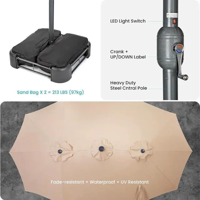 Alt view image 5 of 7 - Home Zone Living 15x9 Ft Double Head Patio Umbrella with Base, 36 LED Lights, Sand Bags, UV Resistant & Waterproof, 213 LBS Total Weight, Beige Tan