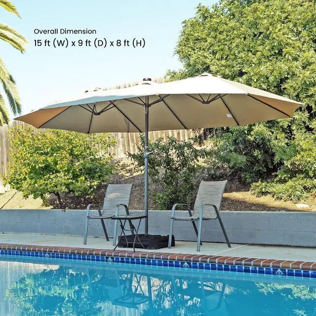 Alt view image 2 of 7 - Home Zone Living 15x9 Ft Double Head Patio Umbrella with Base, 36 LED Lights, Sand Bags, UV Resistant & Waterproof, 213 LBS Total Weight, Beige Tan