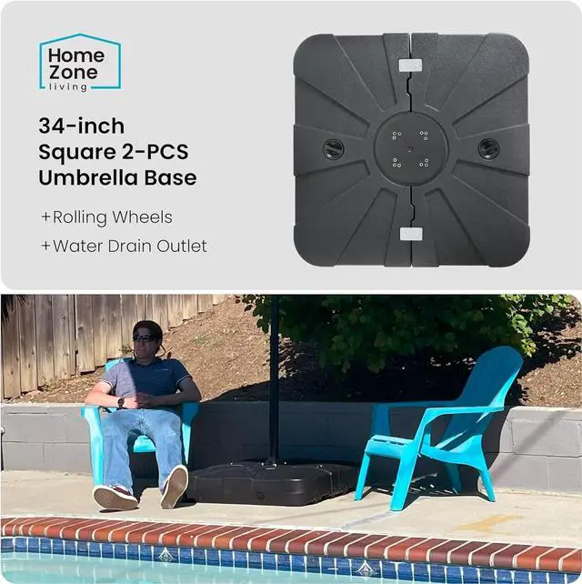Alt view image 2 of 7 - Home Zone Living 220lbs Pre-Assembled 34" Square Heavy Duty 2-PCS Umbrella Base w/Rolling Wheels for Patio Pool Backyard, Supports Up to 11 Ft Umbrella