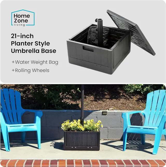 Alt view image 2 of 7 - Home Zone Living 119lbs 21" Square Heavy Duty Planter Umbrella Base w/Rolling Wheels & Water Weight Bag for Patio Pool Backyard, Convertible as Table or Planting Box, Supports Up to 11 Ft Umbrella