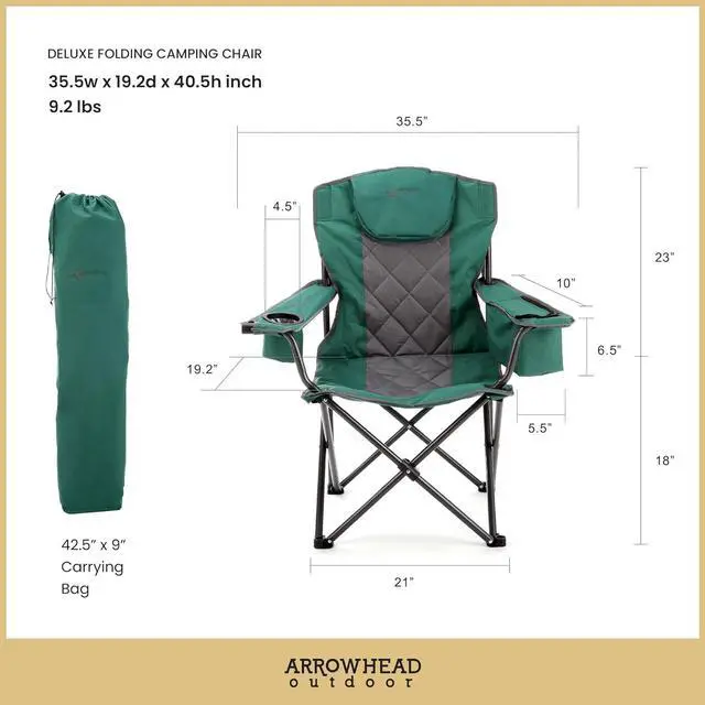 Alt view image 2 of 8 - ARROWHEAD OUTDOOR Portable Folding Camping Quad Chair w/ 6-Can Cooler, Cup & Wine Glass Holders, Heavy-Duty Carrying Bag, Padded Armrests, Headrest & Seat, Supports up to 450lbs, USA-Based Support