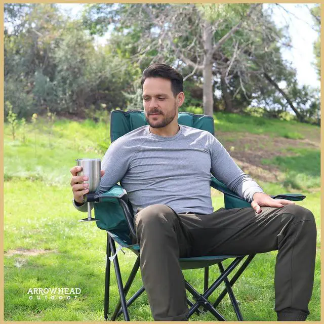 Alt view image 7 of 8 - ARROWHEAD OUTDOOR Portable Folding Camping Quad Chair w/ 6-Can Cooler, Cup & Wine Glass Holders, Heavy-Duty Carrying Bag, Padded Armrests, Headrest & Seat, Supports up to 450lbs, USA-Based Support