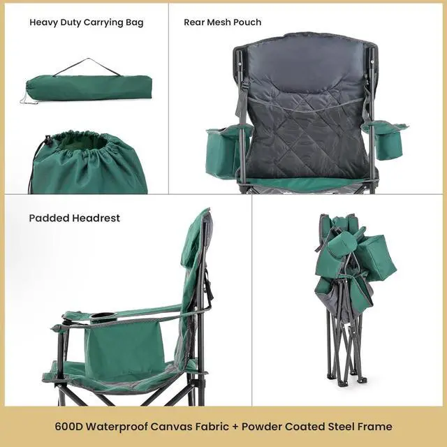 Alt view image 4 of 8 - ARROWHEAD OUTDOOR Portable Folding Camping Quad Chair w/ 6-Can Cooler, Cup & Wine Glass Holders, Heavy-Duty Carrying Bag, Padded Armrests, Headrest & Seat, Supports up to 450lbs, USA-Based Support