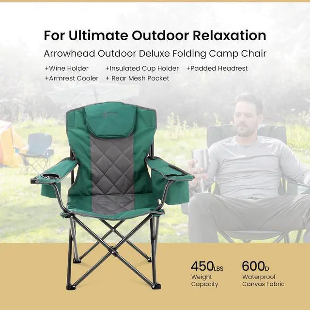 Alt view image 3 of 8 - ARROWHEAD OUTDOOR Portable Folding Camping Quad Chair w/ 6-Can Cooler, Cup & Wine Glass Holders, Heavy-Duty Carrying Bag, Padded Armrests, Headrest & Seat, Supports up to 450lbs, USA-Based Support