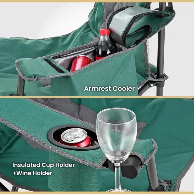 Alt view image 5 of 8 - ARROWHEAD OUTDOOR Portable Folding Camping Quad Chair w/ 6-Can Cooler, Cup & Wine Glass Holders, Heavy-Duty Carrying Bag, Padded Armrests, Headrest & Seat, Supports up to 450lbs, USA-Based Support