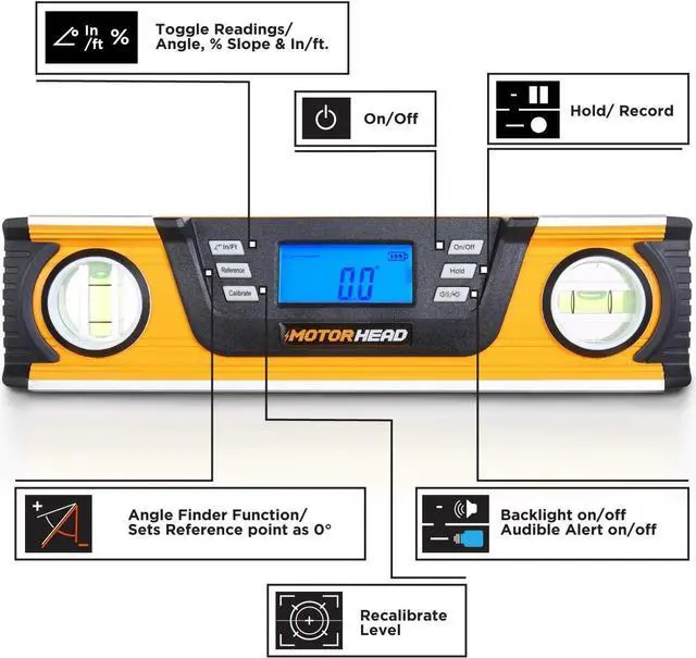 Alt view image 2 of 7 - MOTORHEAD 10-Inch 0° - 180° SMART DIGITAL Level, LCD Screen, Audible Alerts, Water, Dust & Shock Resistant, Magnetic Bottom, Includes Bag, High-Visibility, Solid-Milled Aluminum, USA-Based Support