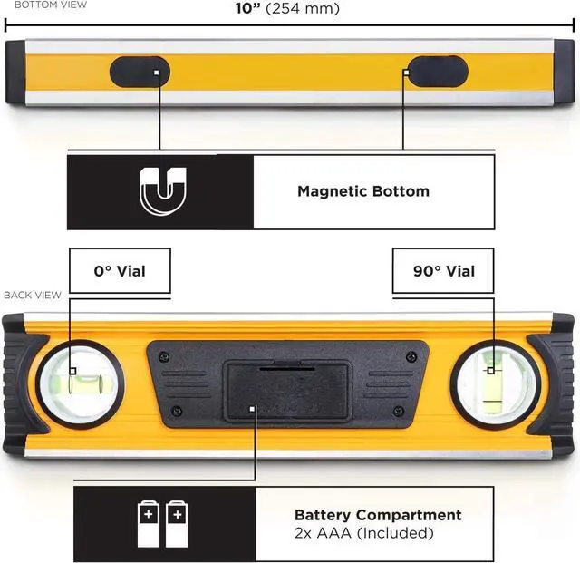 Alt view image 6 of 7 - MOTORHEAD 10-Inch 0° - 180° SMART DIGITAL Level, LCD Screen, Audible Alerts, Water, Dust & Shock Resistant, Magnetic Bottom, Includes Bag, High-Visibility, Solid-Milled Aluminum, USA-Based Support