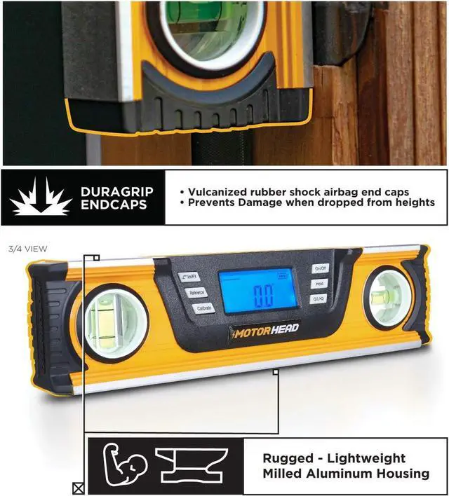 Alt view image 3 of 7 - MOTORHEAD 10-Inch 0° - 180° SMART DIGITAL Level, LCD Screen, Audible Alerts, Water, Dust & Shock Resistant, Magnetic Bottom, Includes Bag, High-Visibility, Solid-Milled Aluminum, USA-Based Support