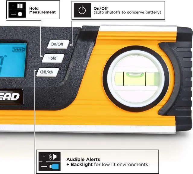 Alt view image 4 of 7 - MOTORHEAD 10-Inch 0° - 180° SMART DIGITAL Level, LCD Screen, Audible Alerts, Water, Dust & Shock Resistant, Magnetic Bottom, Includes Bag, High-Visibility, Solid-Milled Aluminum, USA-Based Support