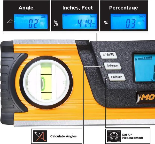 Alt view image 5 of 7 - MOTORHEAD 10-Inch 0° - 180° SMART DIGITAL Level, LCD Screen, Audible Alerts, Water, Dust & Shock Resistant, Magnetic Bottom, Includes Bag, High-Visibility, Solid-Milled Aluminum, USA-Based Support