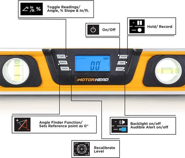 Alt view image 2 of 7 - MOTORHEAD 16-Inch 0° - 180° SMART DIGITAL Level, LCD Screen, Audible Alerts, Water, Dust & Shock Resistant, Magnetic Bottom, Includes Bag, High-Visibility, Solid-Milled Aluminum, USA-Based Support