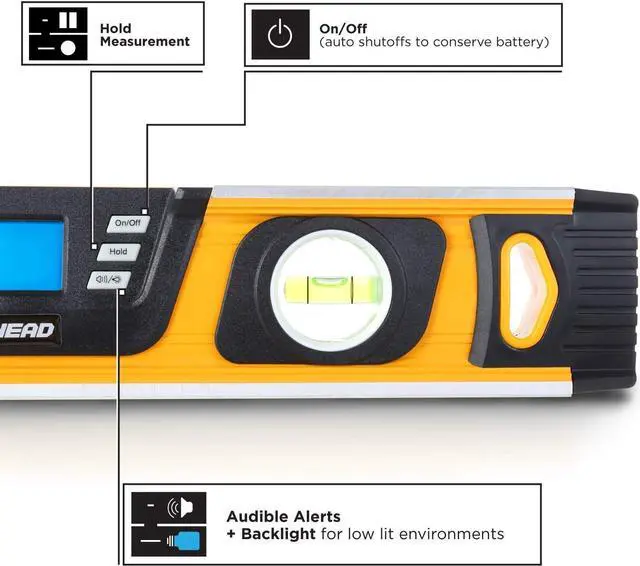 Alt view image 6 of 7 - MOTORHEAD 16-Inch 0° - 180° SMART DIGITAL Level, LCD Screen, Audible Alerts, Water, Dust & Shock Resistant, Magnetic Bottom, Includes Bag, High-Visibility, Solid-Milled Aluminum, USA-Based Support