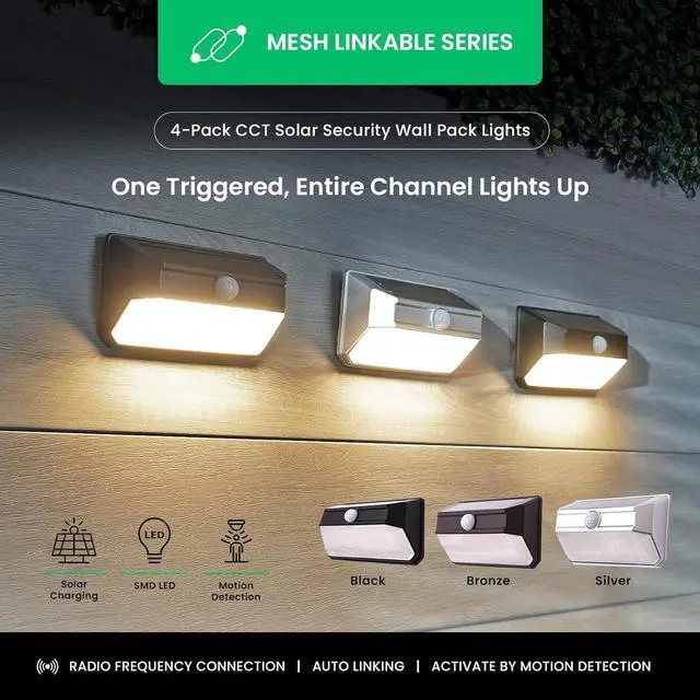 Alt view image 2 of 7 - Home Zone Mesh Linkable Series 4-Pack Solar SMD LED Security Wall Pack Light, 800LM, Auto-Linking, 120°x26 ft Motion Detection, 3000L Warm White, 800 Lumens, Customizable 4-Channel Settings, Silver