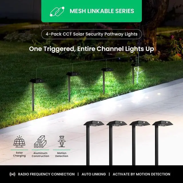 Alt view image 2 of 7 - Mesh Linkable Series 4-Pack Solar LED Security Pathway Light w/ LiFePO4 Battery, 300LM, Auto-linking, 110°x16 ft Motion Detection, CCT 3000K/4000K/5000K, 4-Channel Settings, Stainless Steel, Bronze