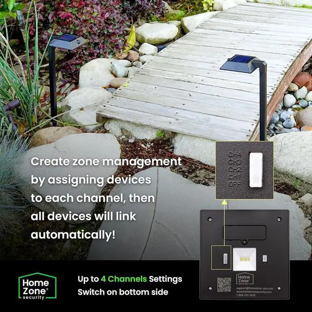 Alt view image 6 of 7 - Mesh Linkable Series 4-Pack Solar LED Security Pathway Light w/ LiFePO4 Battery, 300LM, Auto-linking, 110°x16 ft Motion Detection, CCT 3000K/4000K/5000K, 4-Channel Settings, Stainless Steel, Bronze