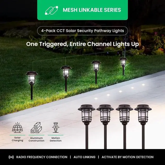 Alt view image 2 of 7 - Mesh Linkable Series 4-Pack Solar LED Security Pathway Light w/ LiFePO4 Battery, 300LM, Auto-linking, 110°x16 ft Motion Detection, CCT 3000K/4000K/5000K, 4-Channel Settings, Stainless Steel, Black