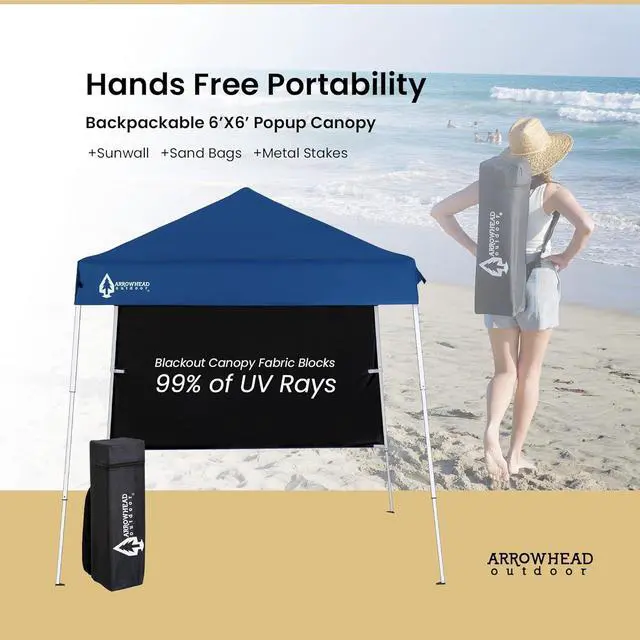 Alt view image 4 of 8 - ARROWHEAD OUTDOOR 6'x6' Top / 8'x8' Base Backpack Pop-up Canopy with Sunwall, Sand Bags, Guide Ropes, Ground Stakes, UV-Resistant, Hands Free Carrying - Blue