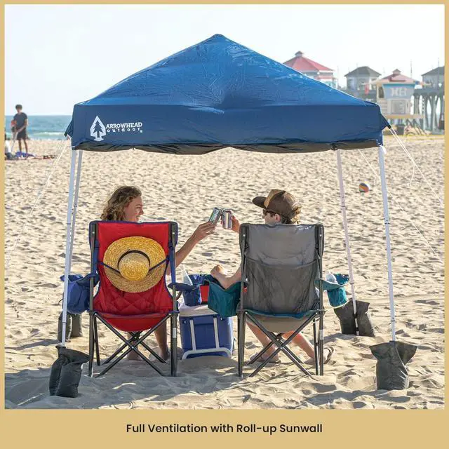 Alt view image 2 of 8 - ARROWHEAD OUTDOOR 6'x6' Top / 8'x8' Base Backpack Pop-up Canopy with Sunwall, Sand Bags, Guide Ropes, Ground Stakes, UV-Resistant, Hands Free Carrying - Blue
