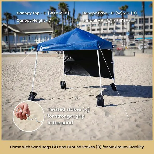 Alt view image 5 of 8 - ARROWHEAD OUTDOOR 6'x6' Top / 8'x8' Base Backpack Pop-up Canopy with Sunwall, Sand Bags, Guide Ropes, Ground Stakes, UV-Resistant, Hands Free Carrying - Blue