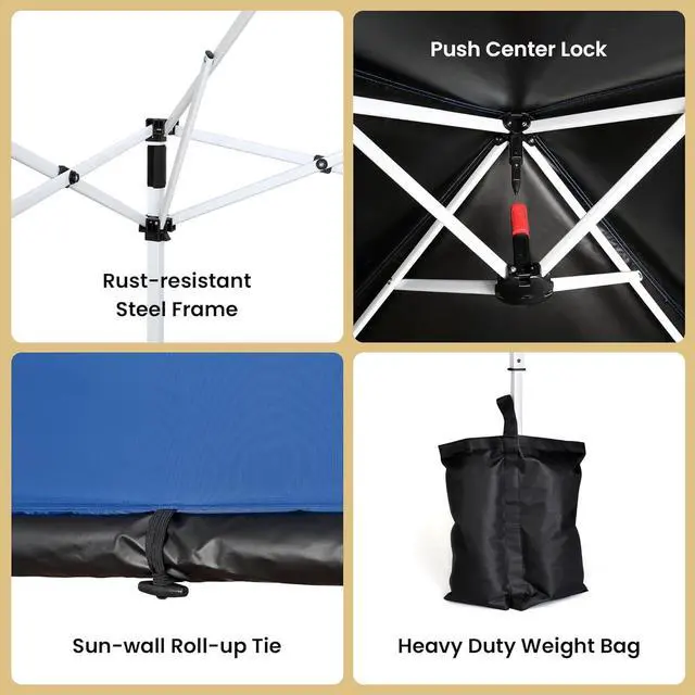 Alt view image 7 of 8 - ARROWHEAD OUTDOOR 6'x6' Top / 8'x8' Base Backpack Pop-up Canopy with Sunwall, Sand Bags, Guide Ropes, Ground Stakes, UV-Resistant, Hands Free Carrying - Blue
