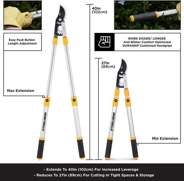 Alt view image 4 of 7 - STEELHEAD Heavy-Duty 27-40" Adjustable Gear-Bypass Limb & Branch Lopper, Telescoping Extendable Handles, Ratcheting, Cuts Up to 1-3/4, Secateurs, Shock-Absorbing, Effort-Saving, USA-Based Support