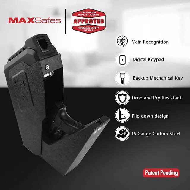 Alt view image 4 of 5 - MAXSafes Drop Down Vault with Super Biometric Finger Vein Recognition Lock, Fast auto-Open Handgun Box,Quick-Access Pistol Safe Wall Mounting for Nightstand, Bedside, and Desk Table, CA DOJ Approved.