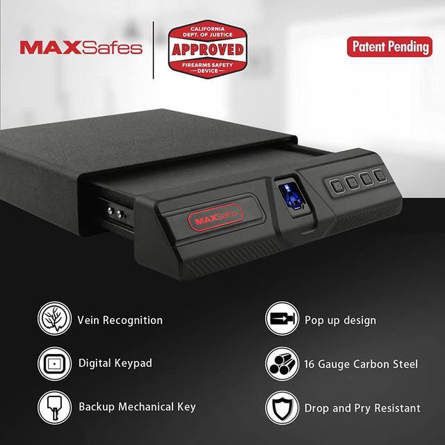 Alt view image 3 of 7 - MAXSafes Under Desk Drawer Gun Safe with Super Biometric Finger Vein Recognition Lock, Quick-Access and Slide-Away Handgun Safe, 2 Pistols Safe Box, CA DOJ Approved