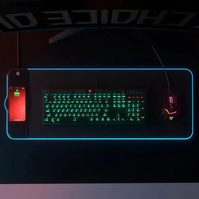 Alt view image 4 of 5 - LED Light Gaming Mouse Pad Large Keyboard Non-Slip Base Office Desk Mat PC Game Mouse Pad With 15W Wireless Charger for iPhone