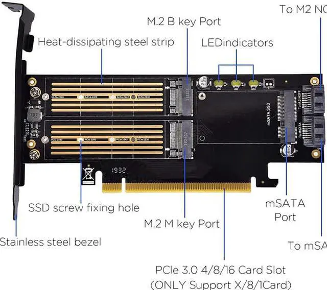 Alt view image 2 of 5 - 3 in 1 M.2 and MSATA SSD Adapter Card SSD to PCIE Adapter, MSATA to SATA Adapter with Aluminum Heat Sink for Windows OS