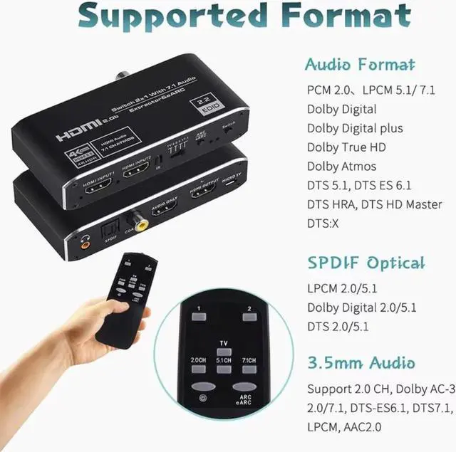 Alt view image 2 of 6 - HDMI-compatible Switcher Audio Extractor with ARC & Optical Toslink 2.0 Switch 4K 60Hz with Remote Control  for Apple TV PS4/PS5