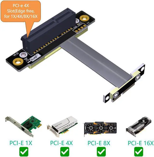 Alt view image 3 of 6 - PCIE Riser PCIe3.0 x1 Male to x4 Female Cable EMI Shielding 8Gbps PCI-E III 1x 4x Riser Extender Ribbon Cable Elbow Right Angled