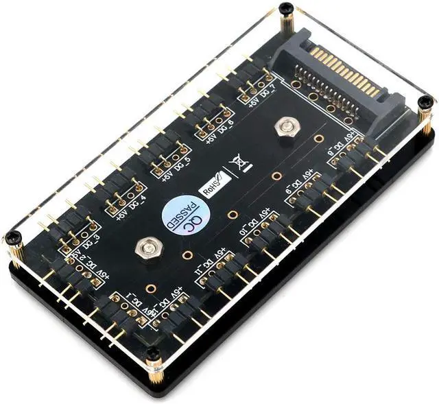 Main image of 12 Way 5V RGB LED Splitter HUB with PMMA Case and Magnetic standoff SATA 15-Pin Power Supply for ASUS/MSI 5V 3pin LED Controller