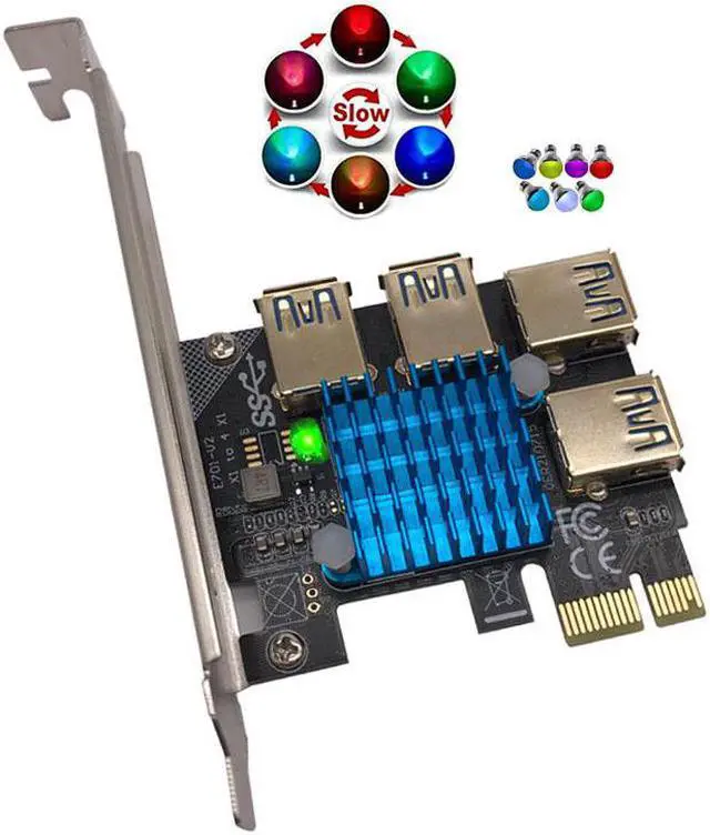 Main image of PCIE 1 to 4 Riser Card LED Gold USB 3.0 Multiplier Hub PCI Express X1 to PCI-E 16X Riser for Video Card for Bitcoin Miner Mining