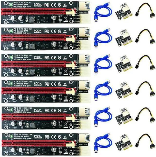 Alt view image 4 of 6 - 6PCS PCIE Riser PCI Express X16 Cabo Riser Card Riser PCIE X16 Extender PCI E USB 3.0 Cable 6Pin SATA Power LED for Miner Mining