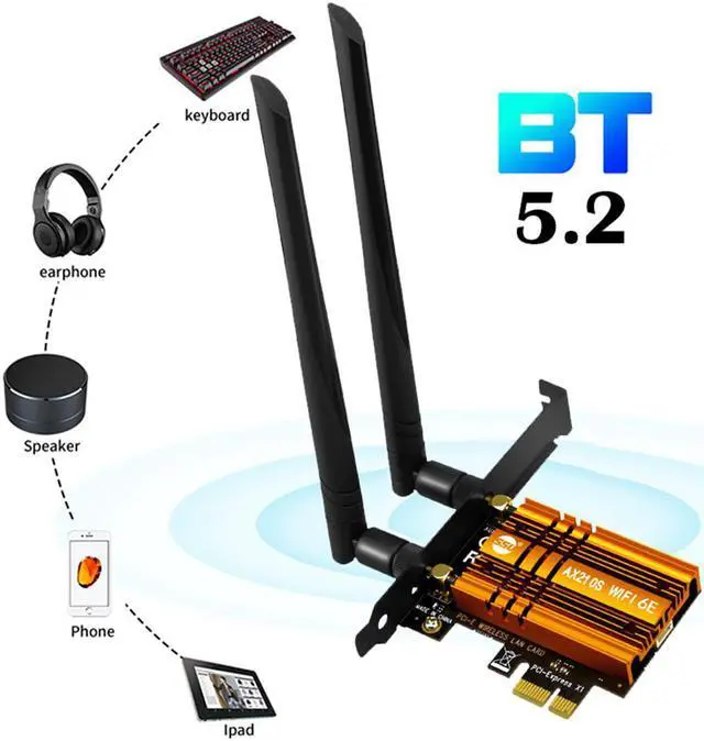 Alt view image 3 of 3 - 5374M Tri Band Wireless Desktop PCIe Intel AX210 Card 802.11ax 2.4G/5G/6G Bluetooth5.2 PCI Express WiFi 6 E Adapter Network Card