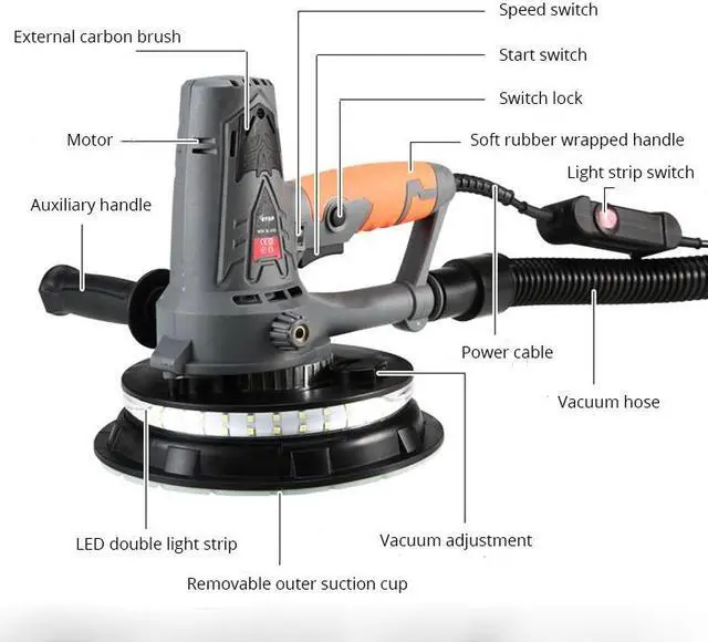 Alt view image 7 of 7 - Ponceuse pour cloisons sèches 1250W Vitesse Variable Mur Mastic Polisseur tenu dans la Main de Machine De Polissage Avec LUMIÈRE LED, Tuyau de poussière Et Sac de collecte