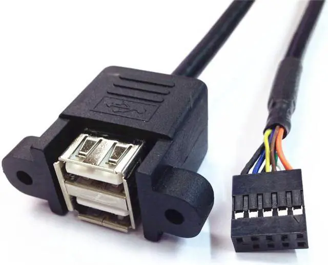 Main image of Câble d'ordinateur 50cm double USB 2.0 Type A femelle vers carte mère, câble d'en-tête à 9 broches avec trous de vis