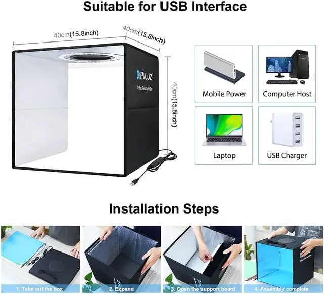 Alt view image 4 of 14 - Portable Photo Studio Light Box, PULUZ 16"X16" Professional Dimmable Shooting Tent Kit with 144 Leds Lights & 6 Kinds Double-Sided Color Backgrounds for Product Photography