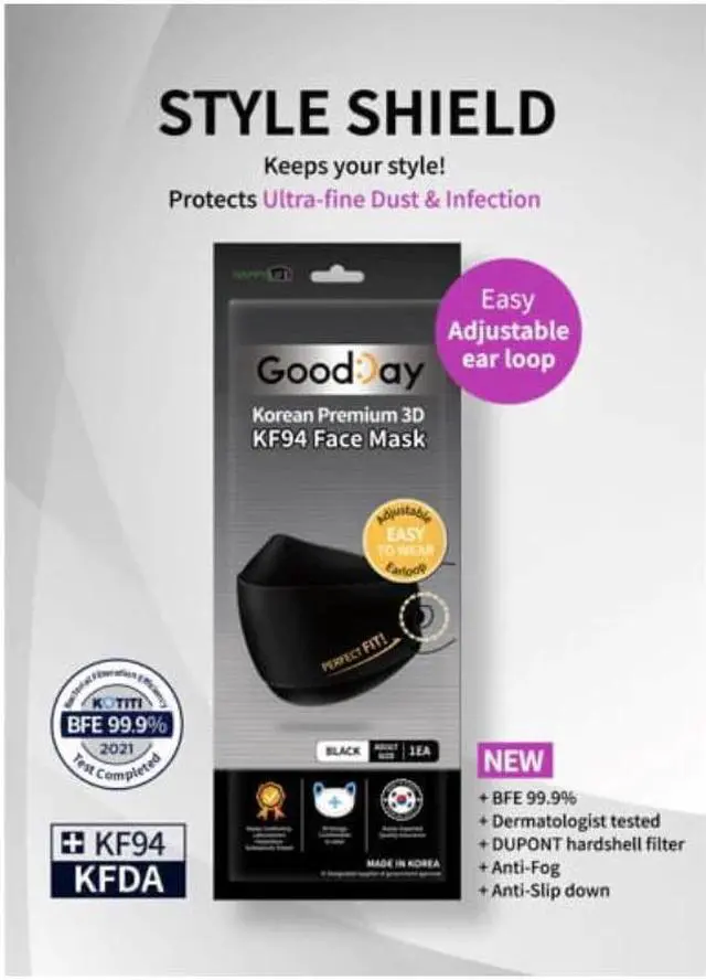 Alt view image 2 of 3 - Good Day - Happy Life Premium Black (Adjustable) KF94 Face Mask - Adult 10 Count - Individually Packaged
