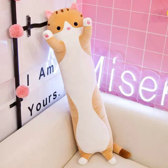 Alt view image 6 of 7 - Cat Soft Pillow Plush Long Throw Sleeping Pillow Cotton Kitten Pillow Cuddly Stuffed Cute Plush Doll Toy Gift for Kids Girlfriend (Yellow, 130cm/ 51 Inch)