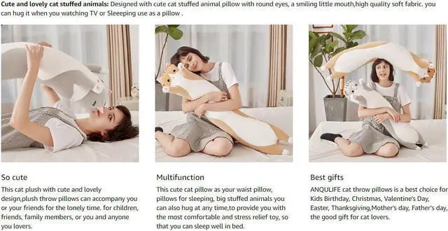 Alt view image 4 of 7 - Cat Soft Pillow Plush Long Throw Sleeping Pillow Cotton Kitten Pillow Cuddly Stuffed Cute Plush Doll Toy Gift for Kids Girlfriend (Yellow, 130cm/ 51 Inch)