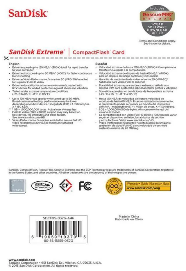Alt view image 12 of 12 - SanDisk Extreme SDCFXSB-032G-G46 32GB CompactFlash Memory Card