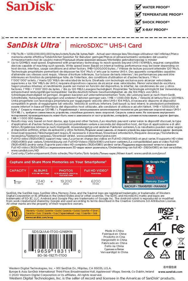 Alt view image 13 of 13 - SanDisk 1TB Ultra microSDXC A1 UHS-I/U1 Class 10 Memory Card without Adapter, Speed Up to 120MB/s (SDSQUA4-1T00-GN6MN)