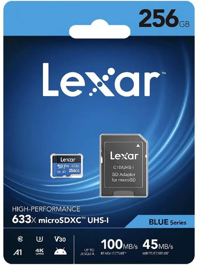 Alt view image 6 of 10 - Lexar LSDMI256BB633A DJT 256GB 8pin microSDXC r100MB/s w45MB/s C10 U3 V30 A1 UHS-I Lexar microSDXC Memory Card w/ Adapter