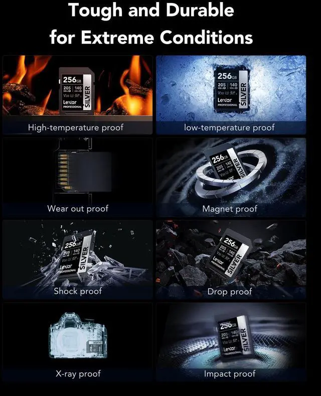 Alt view image 6 of 7 - Lexar Professional Silver SD Card 256GB, Up to 205MB/s Read, 140MB/s Write, SDXC UHS-I Memory Card, Class 10, U3, V30, SD Card for Professional Photographers, Videographers, Enthusiasts